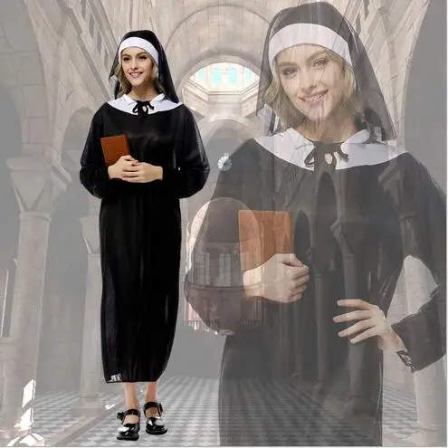 

Бесплатная доставка, костюмы на Хэллоуин, косплей, искусственная фантазия, сексуальное черное Тонкое Платье, Костюм Монахини