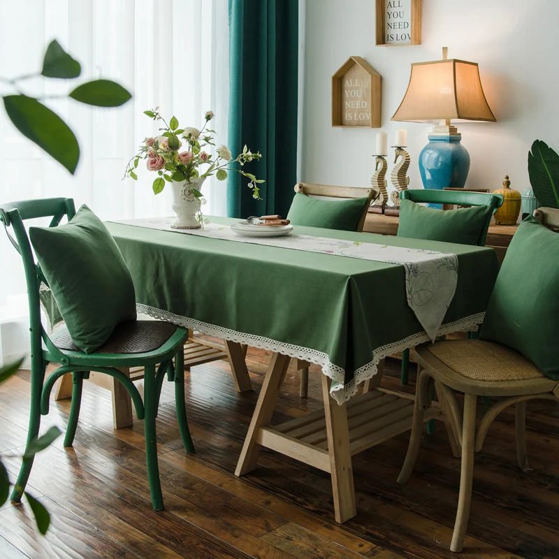 Green Solid Color White Lace Pattern Linen Waterproof Polyester Tablecloth Table Cover Decoration Rectangular Line Cloth | Дом и сад