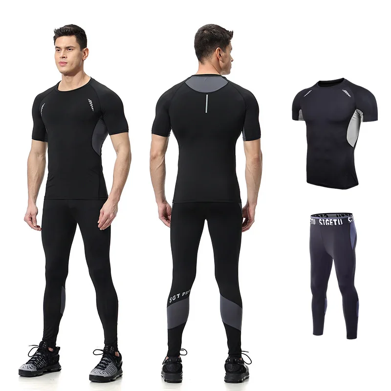 2 шт. Для мужчин тренажерный зал сжатия Фитнес комплекты футболка + леггинсы