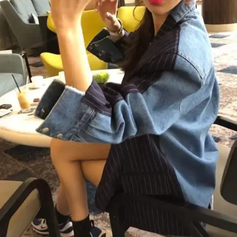 Женский двубортный джинсовый пиджак в полоску с карманами|Женские пиджаки| |