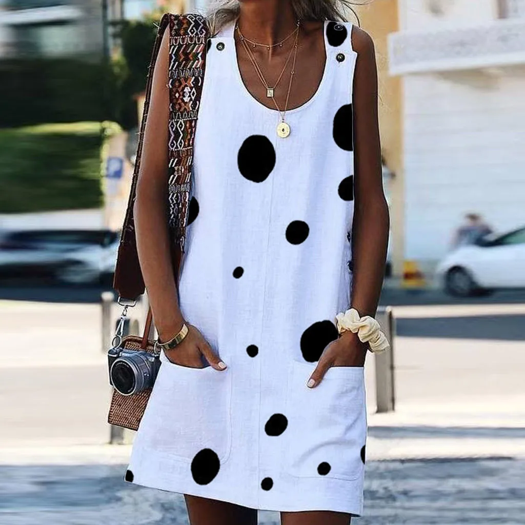 Женские летние платья без рукавов с круглым вырезом в горошек повседневные