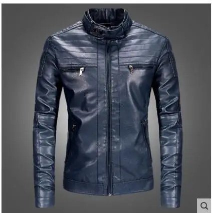 Мужская кожаная приталенная куртка со стоячим воротником большого размера для