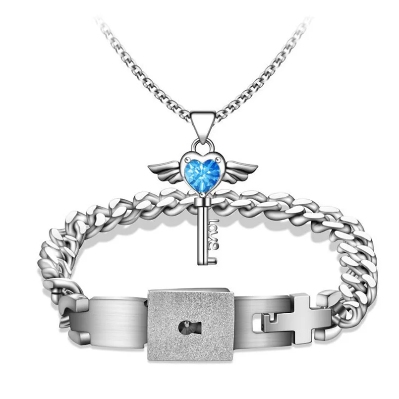 2PCS Fashion A Couple Jewelry Sets For Lovers Titanium Steel Love Heart Lock Bracelets Bangles Key Pendant Necklace Couples Set | Украшения