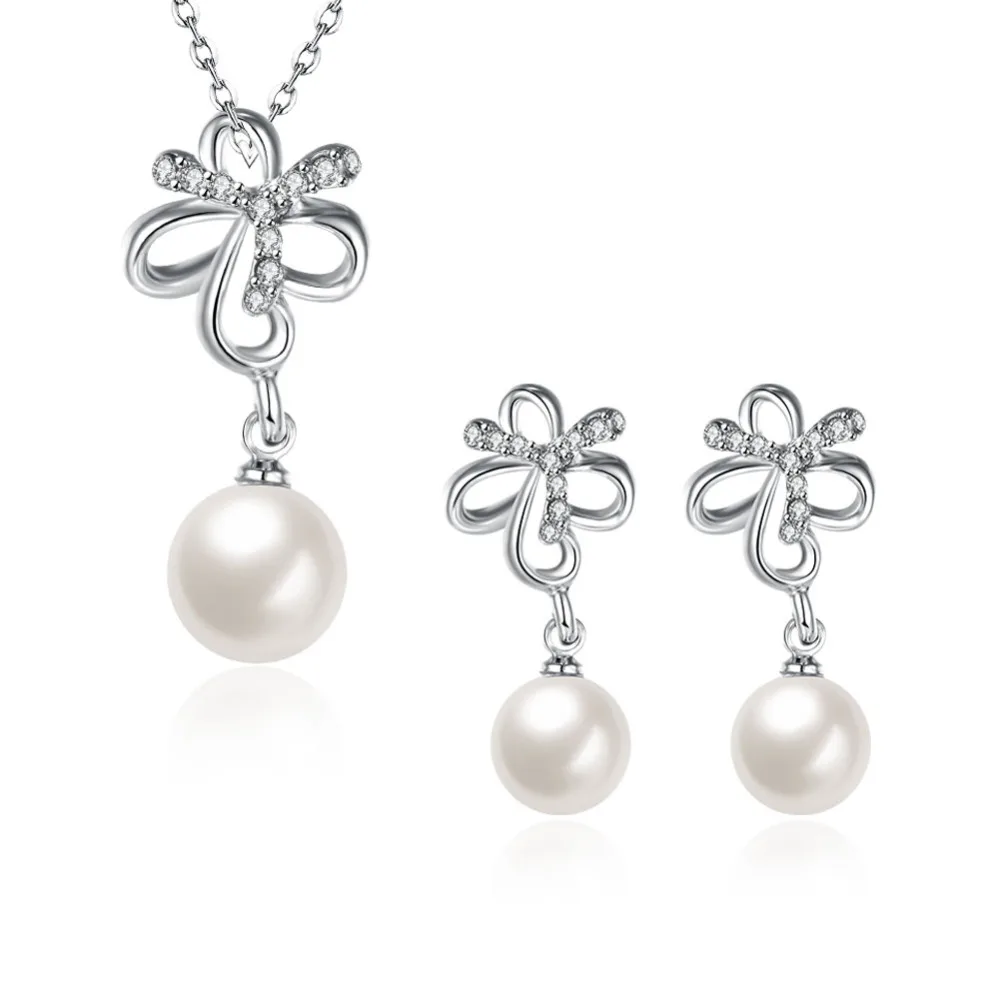 Female Fashion Jewelry Sets Pearl AAA Cubic Zircon Statement Necklace &amp Earrings Silver Color Wedding for Women Gift | Украшения и