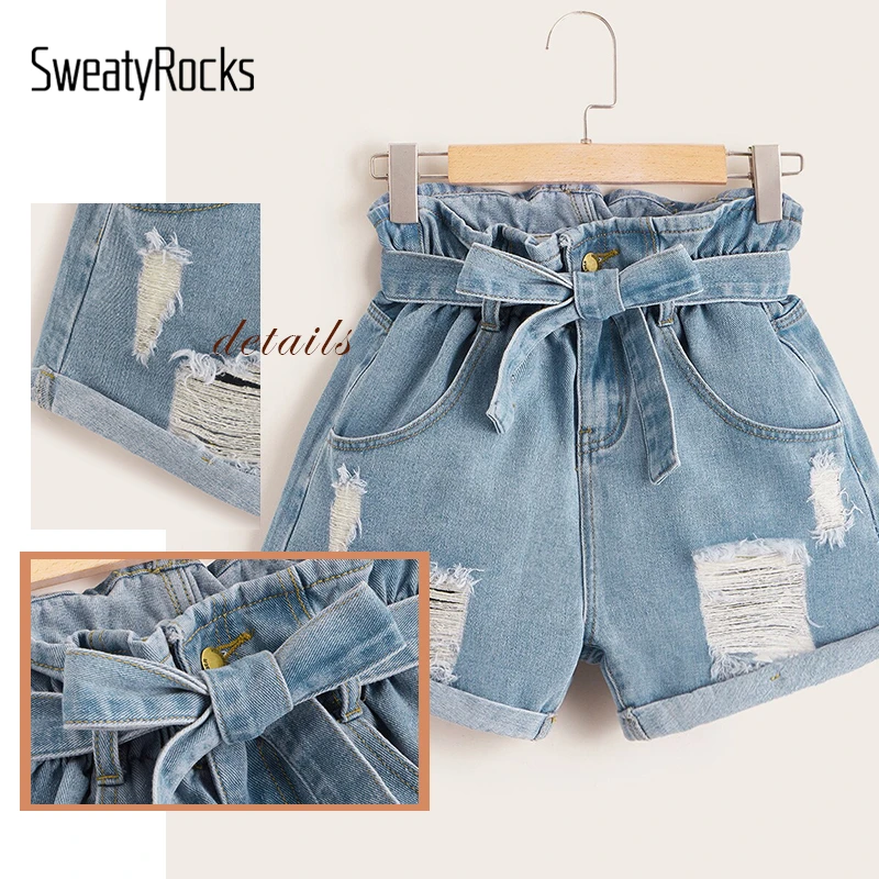 SweatyRocks Ripped Rolled Hem Denim Shorts Streetwear Casual High Waist Belted Shorts Summer Straight Leg Women Solid Shorts