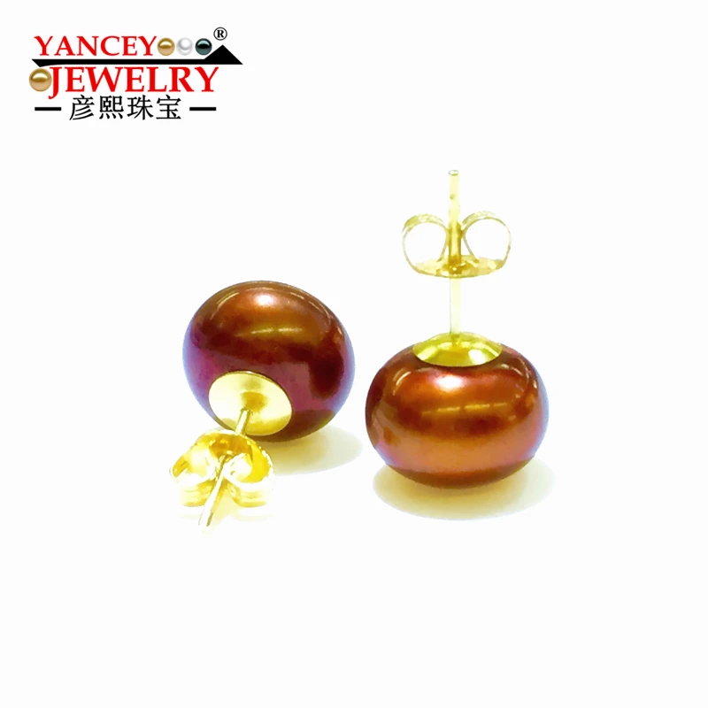 Женские серьги гвоздики с натуральным пресноводным жемчугом коричневые 9k золото