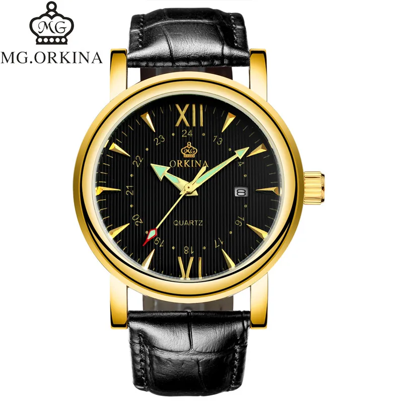 ORKINA светящиеся стрелки мужские часы роскошный ремешок Кварцевые Золотые ободки