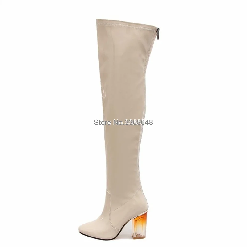 Женские очаровательные сапоги до колена из лакированной кожи с острым носком