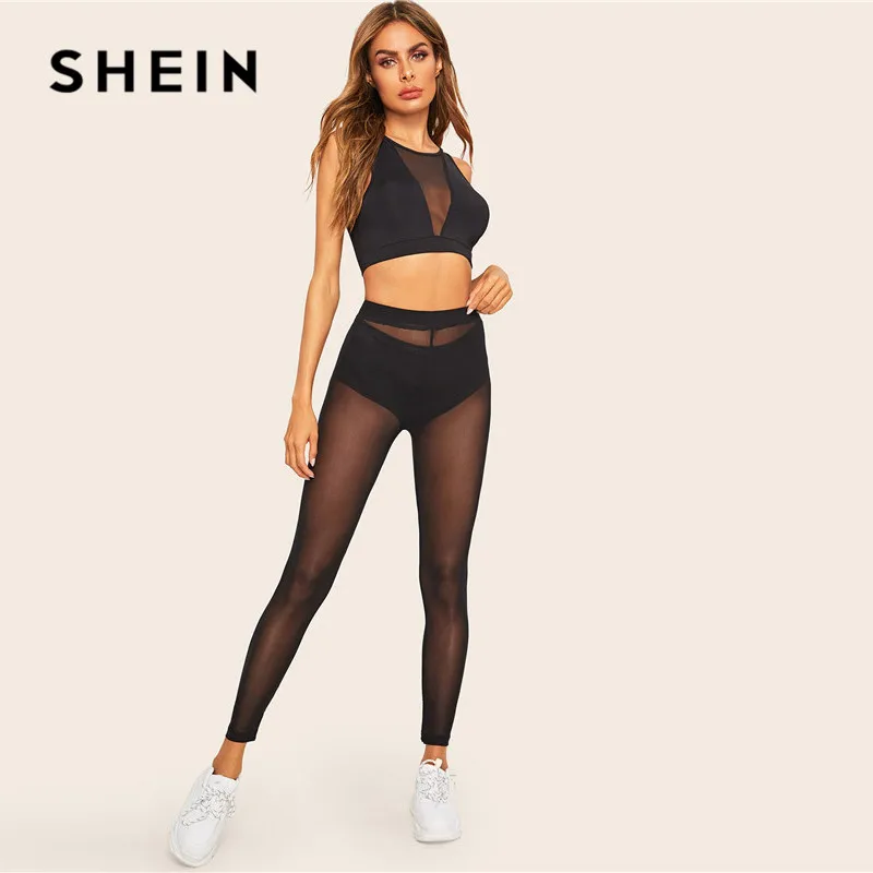 SHEIN женские прозрачные сетчатые сексуальные леггинсы без трусиков, весна-лето, однотонные женские леггинсы с средней талией, черные леггинсы на выход