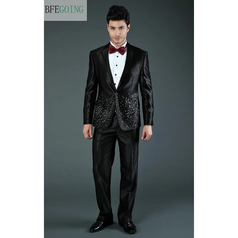 Черный классический атласный смокинг для жениха с бисером однобортный костюм +