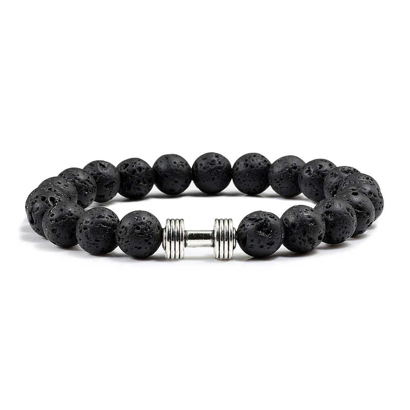 black lava silver 3 цвета сплав гантели матовый черный вулканическая лава рок мужской браслет Femme Будда из натурального камня эластичные браслеты - Окраска металла: black lava silver