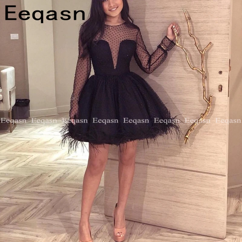 Черное платье coctel с длинным рукавом перьями короткое вечернее для выпускного