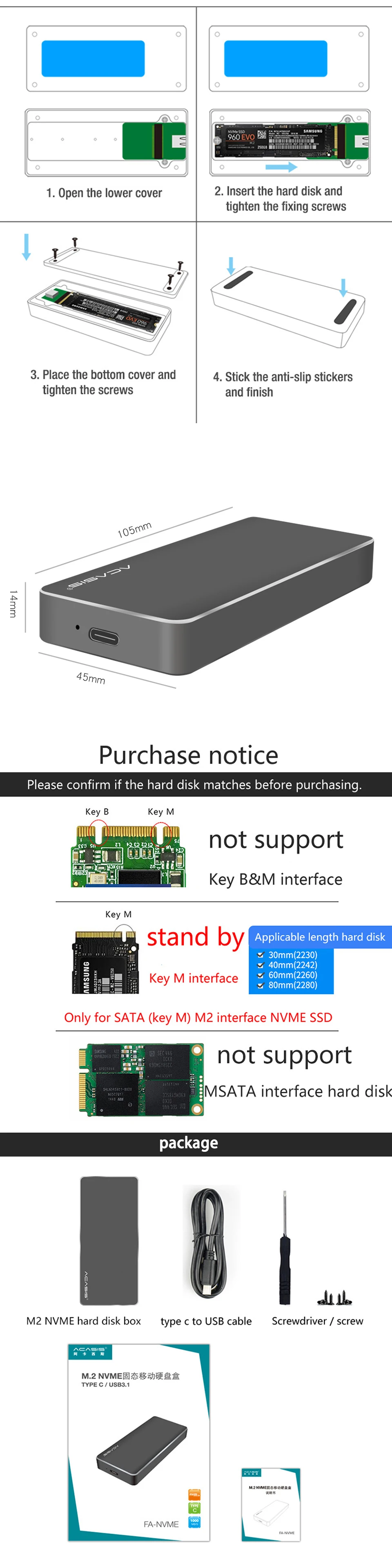 Корпус внешнего жесткого диска Acasis Hdd 2280 M.2 корпус SSD алюминиевый 1,8 'NVME Pcie USB 3,1 твердотельный корпус Hdd шкатулка#35