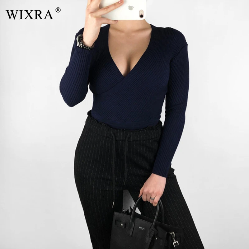 Женские вязаные футболки с v образным вырезом Wixra однотонные облегающие