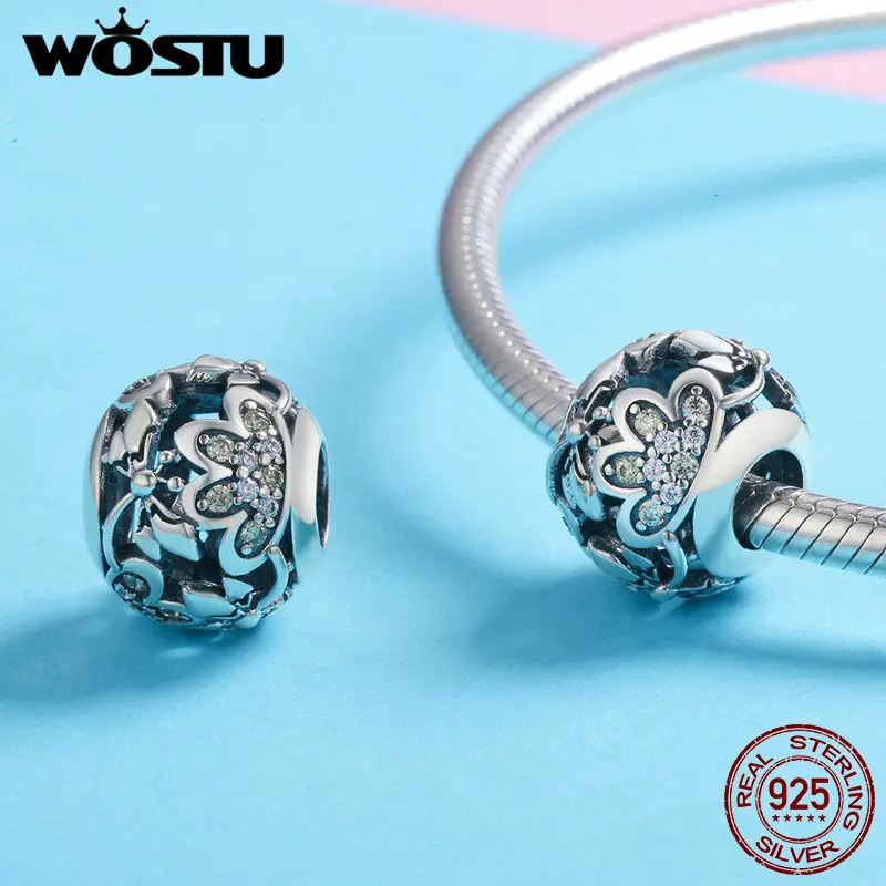 WOSTU, лидер продаж, 925 пробы, серебряный, милая Стрекоза и цветок, круглая бусина, подходит для оригинального браслета, подвеска, сделай сам, ювелирное изделие, FIC822