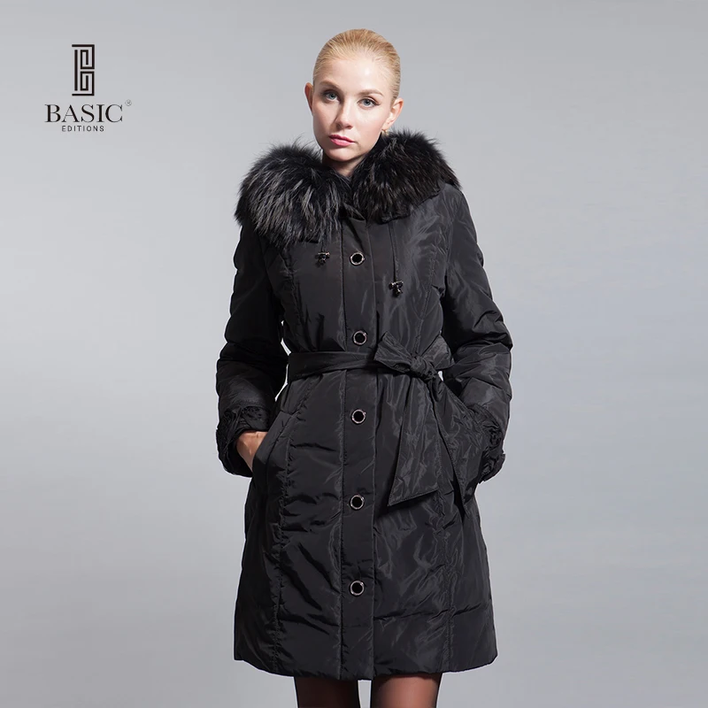 BASIC EDITIONS 2015 зима модный пуховик средней длины пух белой утки с капюшоном поясом