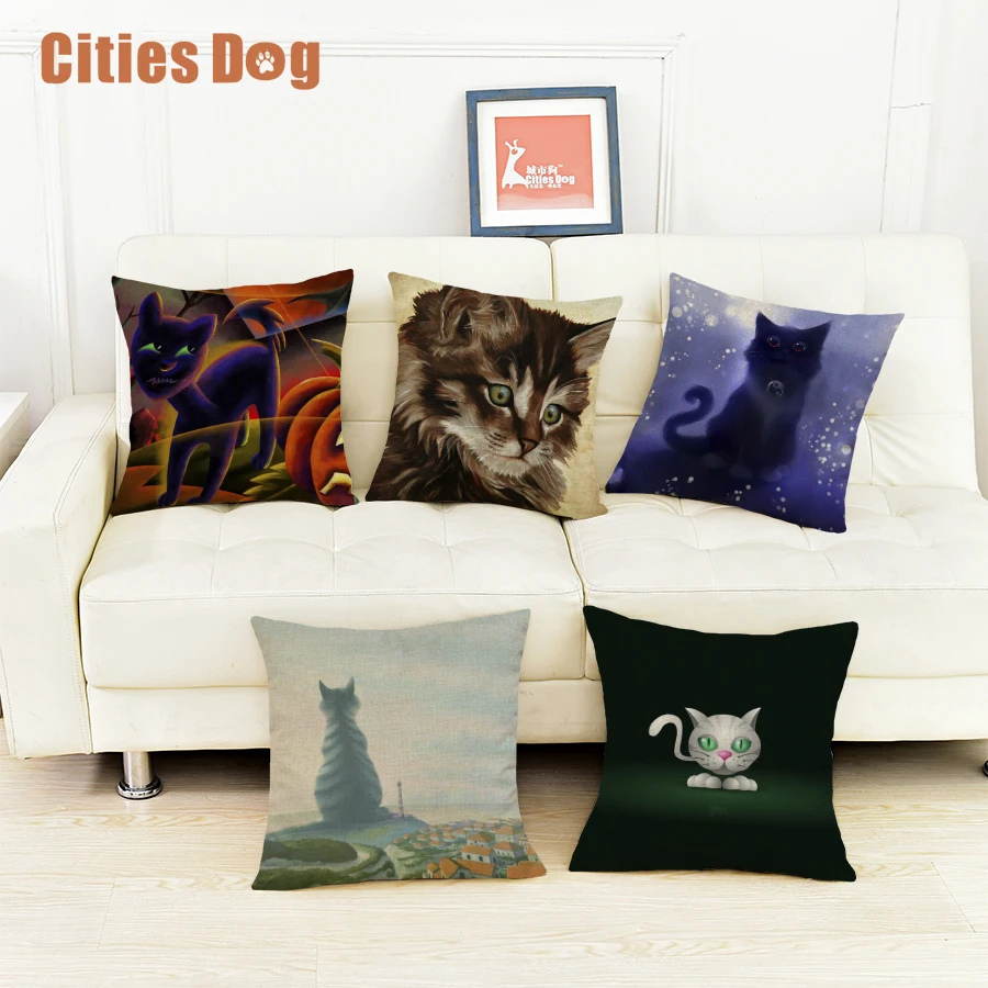 Cat animal Printed Cushion Cover Green Animals Cats Linen Pillow Cases Chair/Car/Sofa Christmas Decoration | Дом и сад