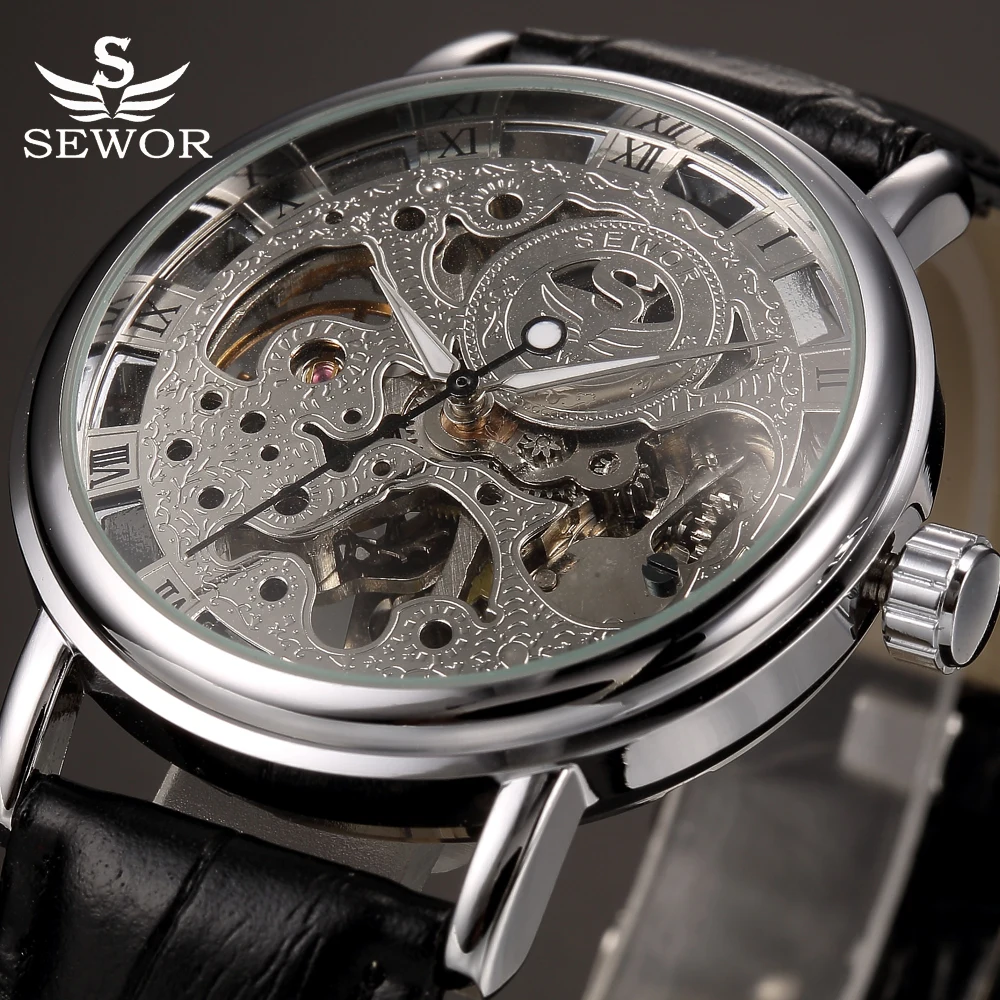 Мужские механические наручные часы SEWOR прозрачные черные кожаные Наручные