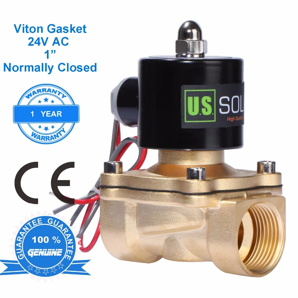 

U.S. Solid 1" Brass Electric Solenoid Valve 24 V AC Normally Closed Viton Gasket Air, Gas, Fuel, CE Certified