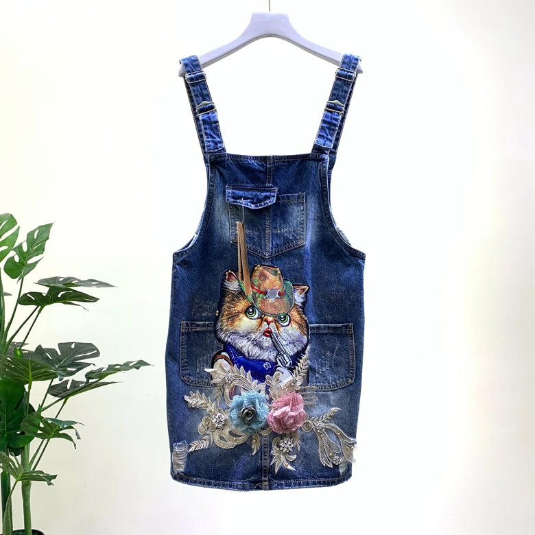 

2019 Summer New Women Three-dimensional Flower Beaded Sequined Hole Ripped Strap Denim Skirts for Girls