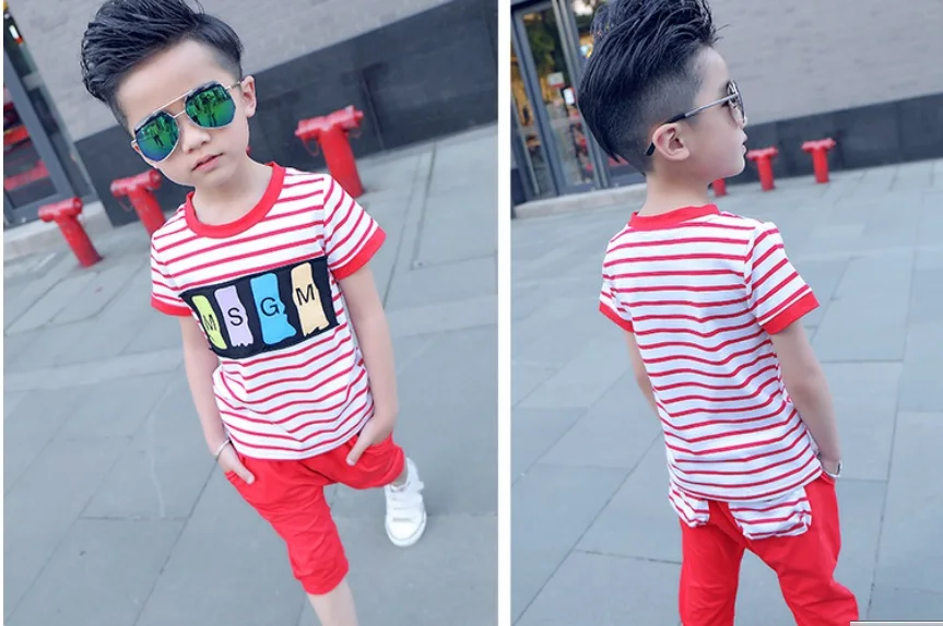 Children Set 2021 summer new children's two-piece boy cotton stripe short sleeve + pant 2pcs sets |