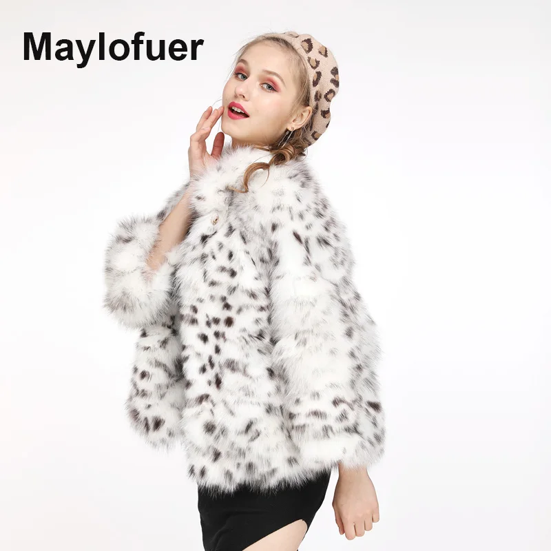 Maylofuer, Короткое женское пальто из натурального Лисьего меха, Женская куртка с леопардовым принтом, пальто из натурального Лисьего меха, Женское пальто с воротником-стойкой, верхняя одежда - Цвет: Leopard