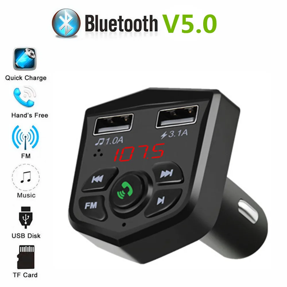 Bluetooth 5.0 Handsfree Car Kit FM Transmitter 3.1A Quick Dual USB Charger LCD Digital Voltmeter TF Card U disk AUX Player | Автомобили и