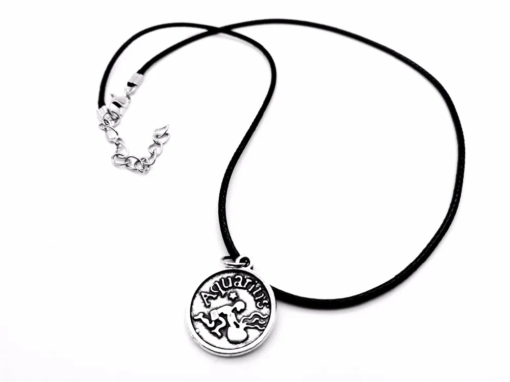 

Zodiac Aquarius Necklace Signs 12 Constellation Rope Necklace Horoscope Disc Firendly Water Wave Leather Necklaces