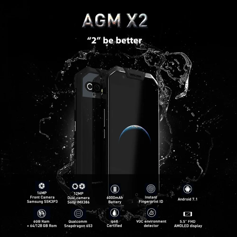 AGM X2 6 ГБ + 64 GB смартфон отпечатков пальцев ID 12.0MP 16.0MP 6000 mAh IP68 Водонепроницаемый 5