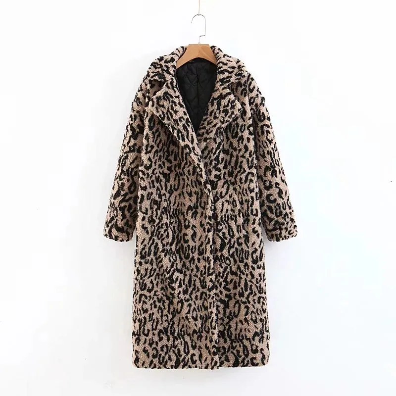 Leopard Ordifree Осень Зима Женское длинное пальто из искусственного меха большого размера Леопардовый принт Lampswool длинная парка плюшевый жакет пальто - Цвет: Leopard