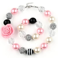 girls lovely pink flower chunky beads strand necklace bracelet set kids fancy dress ourfits jewelry set baby birthday party gift
