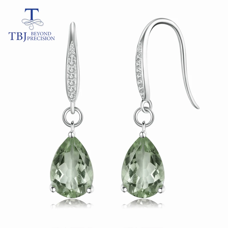 

TBJ,Hot sale 6ct natural green amethyst quartz gemstone Dangle hook Earrings Pure 925 Sterling Silver Fine Jewelry For Women