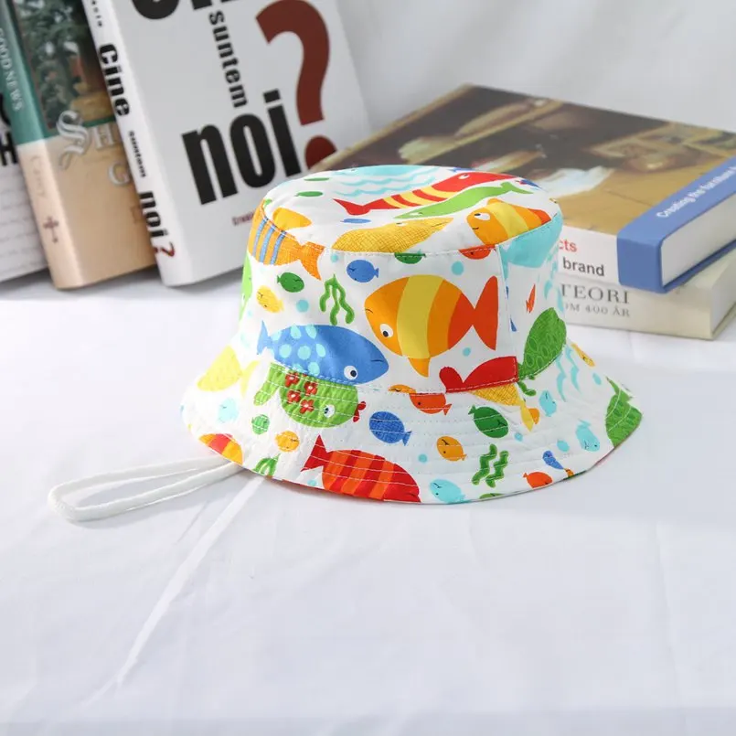 GEMVIE Cartoon Fish Print Bucket Hat Summer Hats For Kids Cotton Cloth Fisher Cap Toddler Boys Girls Beach With Wind Lanyard | Аксессуары