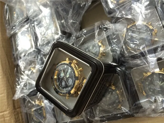 

Sports Men Full Steel LED Watches Quartz Dualdisplay Watch 6-Digit Multi functional Chronograph Watch Big Gold Male Religio 3ATM