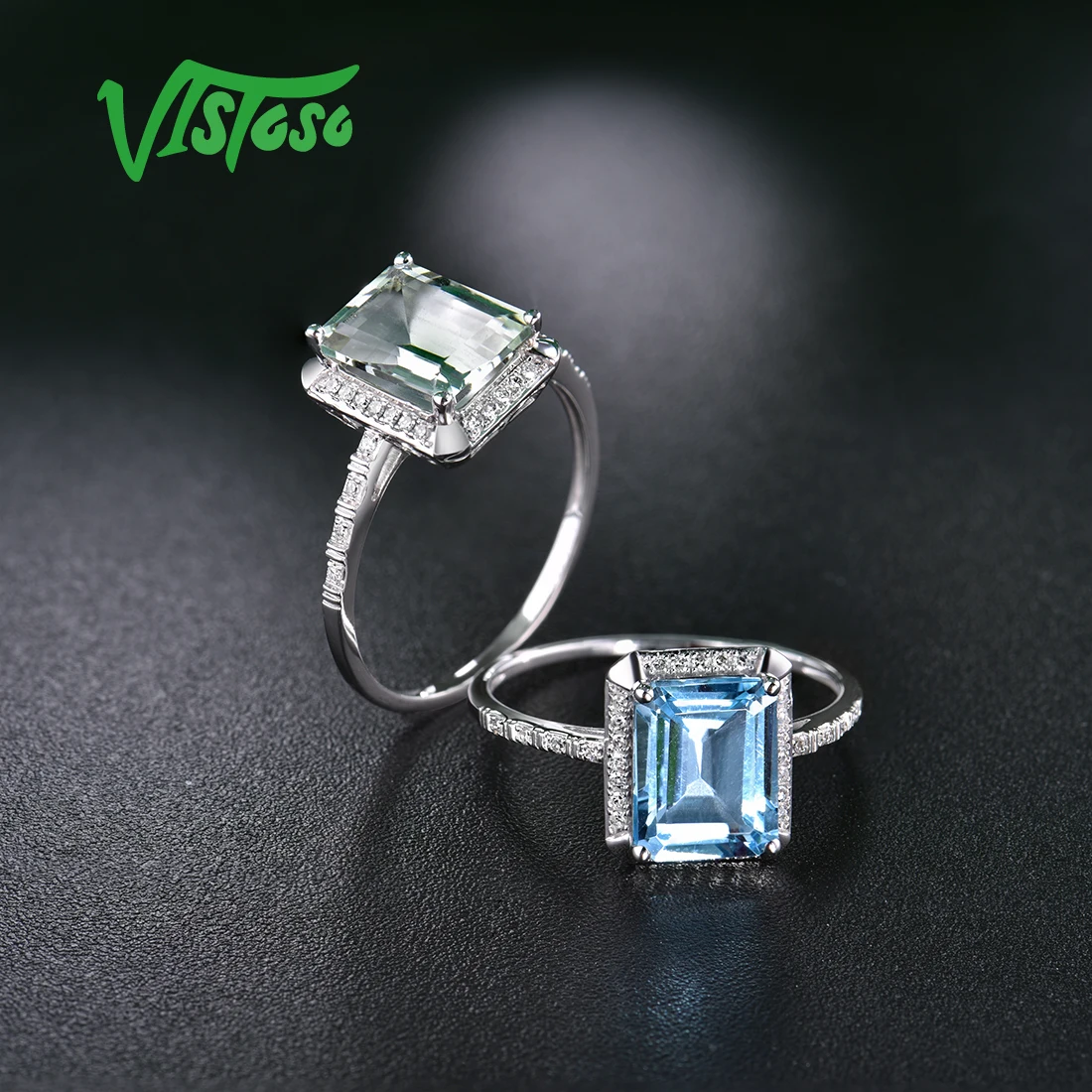 VISTOSO 14 K 585 кольца из белого золота для женщин Блестящий Алмаз лимпид Небесно-Голубой Топаз/Зеленый Аметист юбилей классические ювелирные изделия