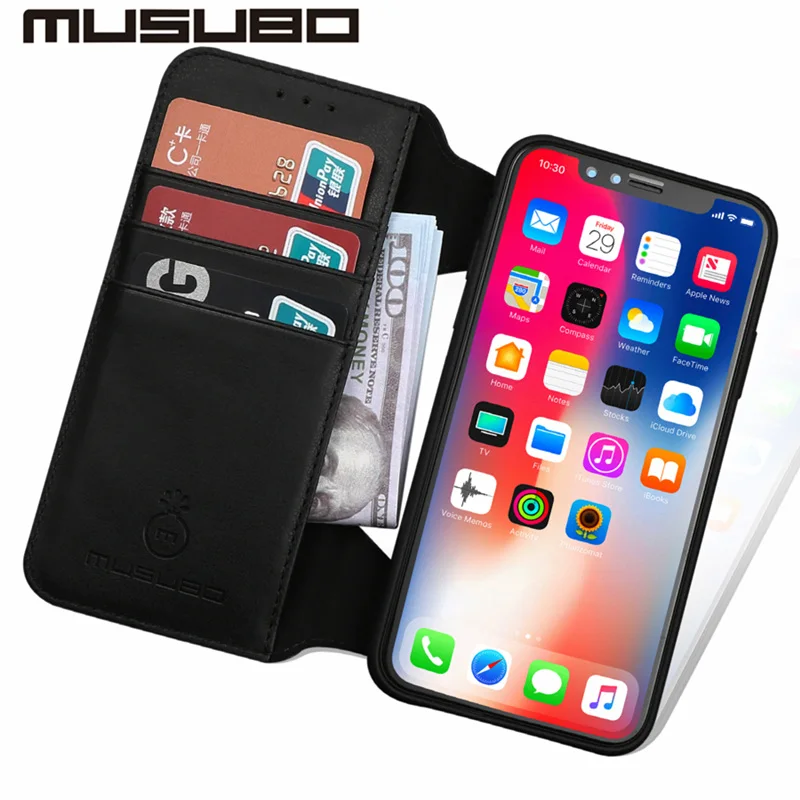 Черный Musubo, роскошный кожаный чехол для iphone X, флип-чехол, силиконовый чехол, для iphone 8 Plus, 7, 6, 6s Plus, ТПУ, кошелек, держатель для карт, съемный - Цвет: Черный