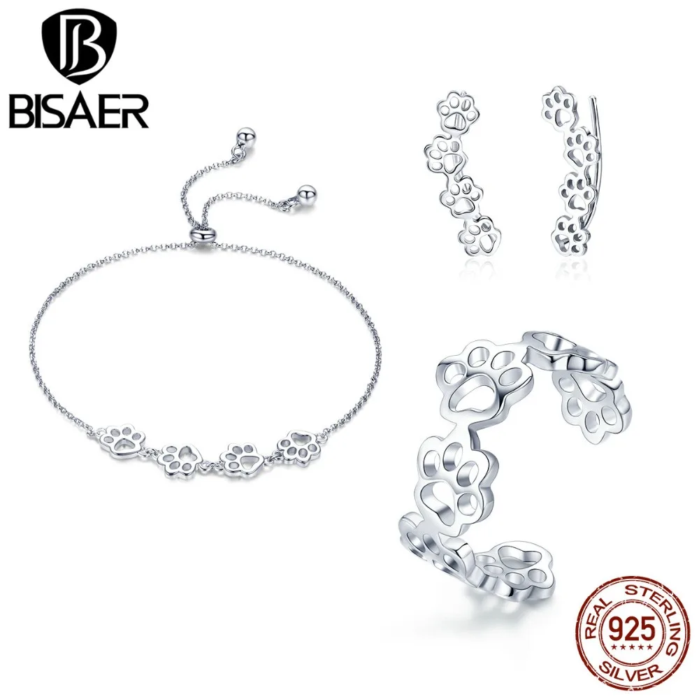 BISAER Аутентичные 925 пробы серебряные ювелирные изделия набор животных кошка собака следы Женские Ювелирные наборы Стерлинговое серебро ювелирные изделия WES083
