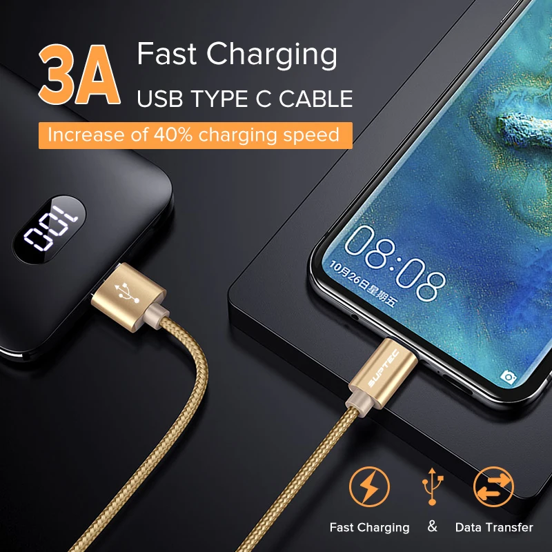 USB кабель SUPTEC типа C для быстрой зарядки телефона Type Samsung S10 S9 S8 Plus Xiaomi K20 Pro Oneplus