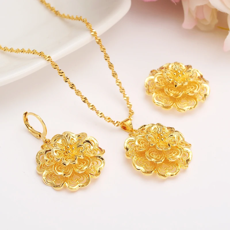 

Ethiopian 24 k Fine Yellow Gold Filled Multichamber Flower set Jewelry Pendant Chain Earrings African Bride Wedding Bijoux Gift
