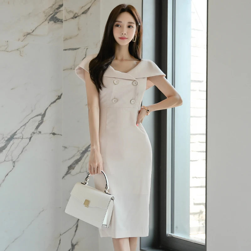 Office Ladies Summer Dress V-neck Front Button Knee-length Women Elegant Slim Waist Female Vestidos robe femme 2019 | Женская одежда