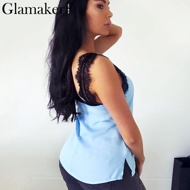 Женский Атласный топ с кружевом Glamaker белый прозрачный v образным вырезом летний