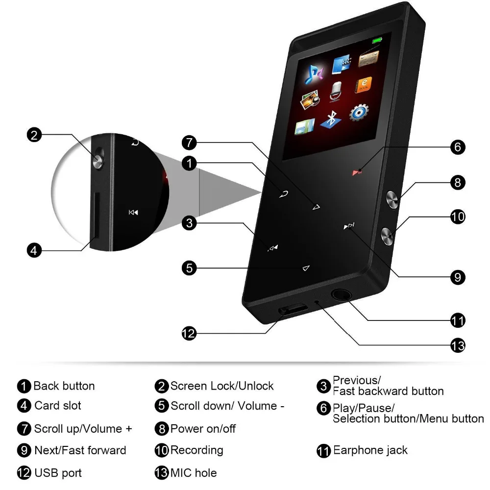 Mp4 плеер с Bluetooth 4 0 16 Гб без потерь сенсорной кнопкой MP3 музыкальный FM радио