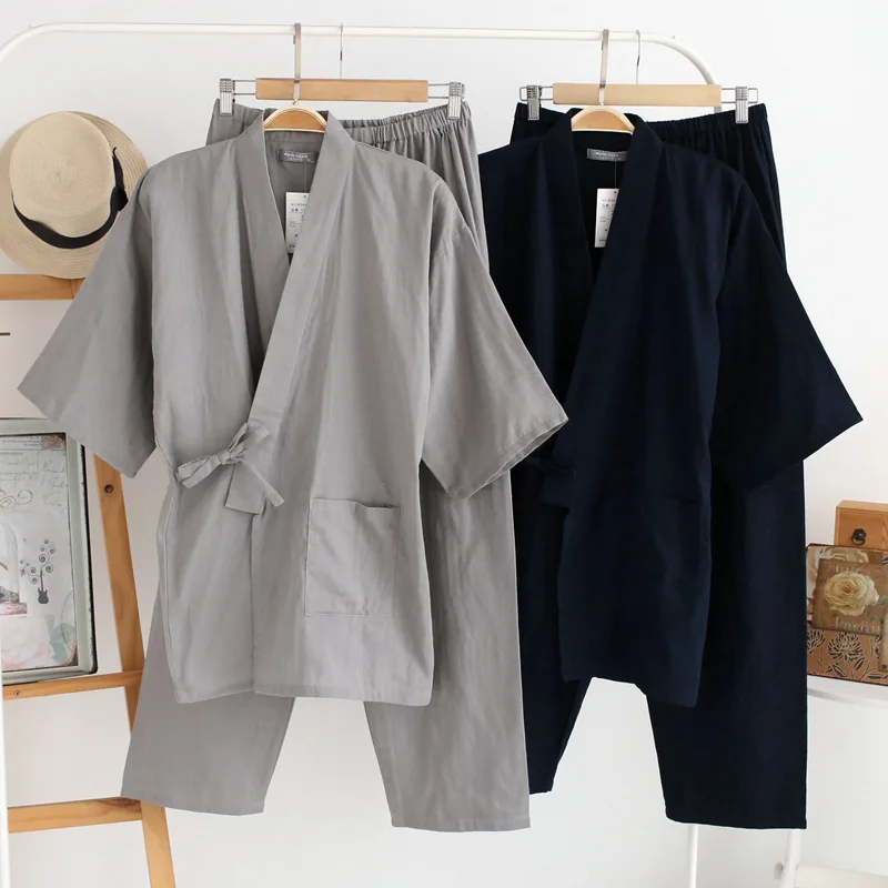 

Summer Short-sleeved Cotton Double Gauze Kimono Pajama Set Solid V-Neck Sleepwear Pajamas Sleeping Suits for Men Pijama Set