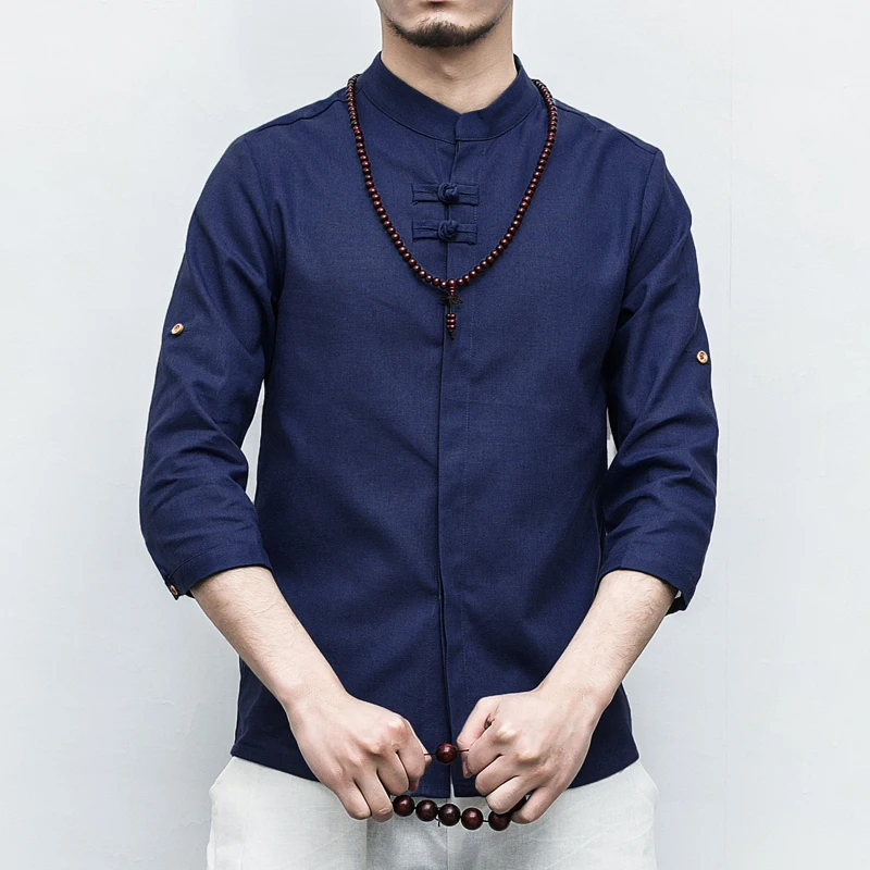 Китайский Стиль Тан Чжуан рубашка Для мужчин Мода 2018 осенью новый Slim Fit Мужской 3/4