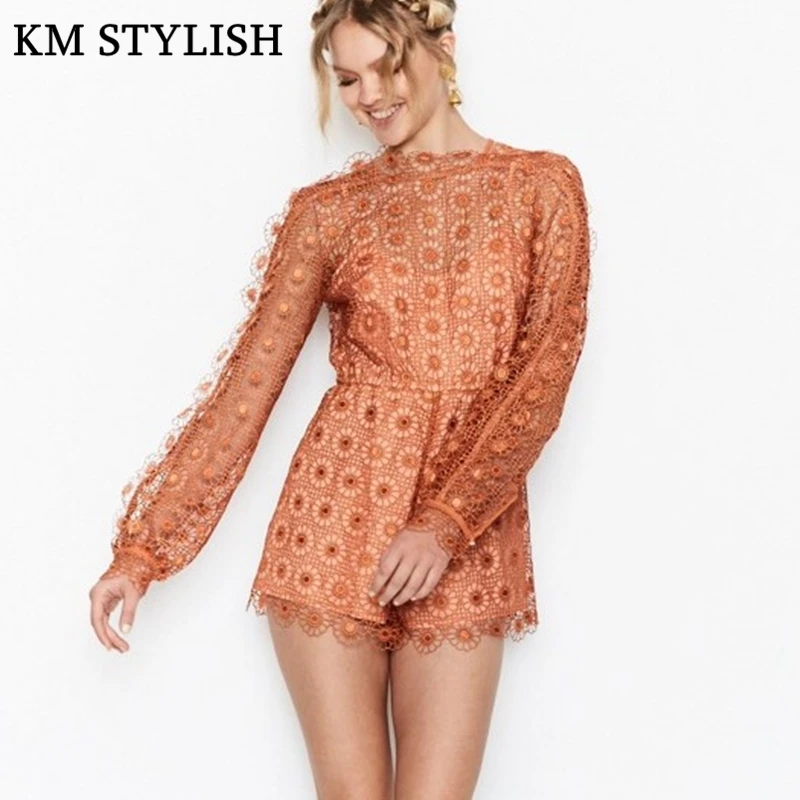 2017 трехмерный цветок Кружево вырез Для женщин с длинными рукавами комбинезон