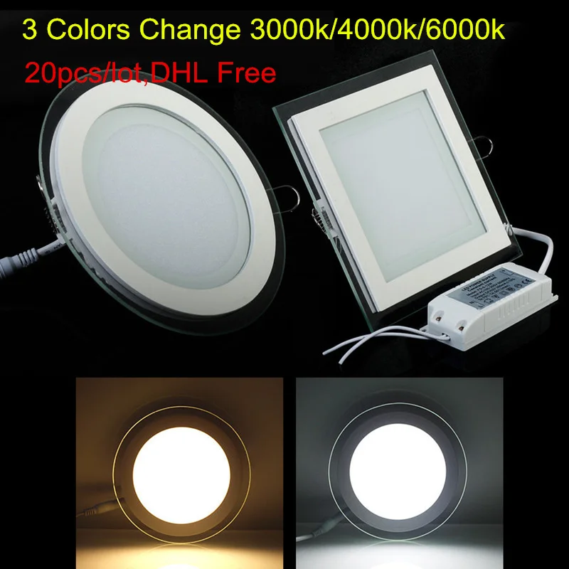 

20pc/lot 3 Colors Change 3000K/4000K/6000K glass led Downlight 6W 9W 12W 18W LED Panel Light AC85-265V Recessed Indoor Lighting