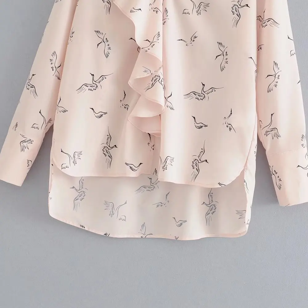 Женская блузка с длинным рукавом Повседневная розовая принтом оборками |