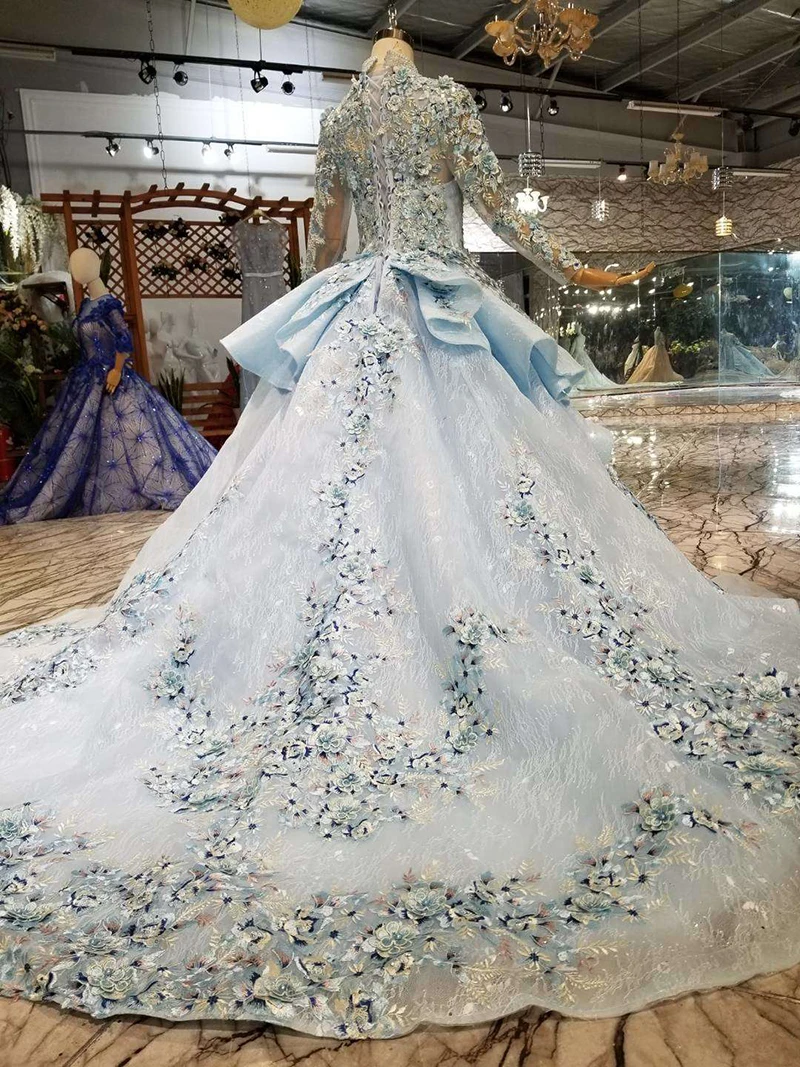 LS320400G blue special dubai puffy party dresses high neck long tulle sleeve lace up back evening dresses can make for muslim