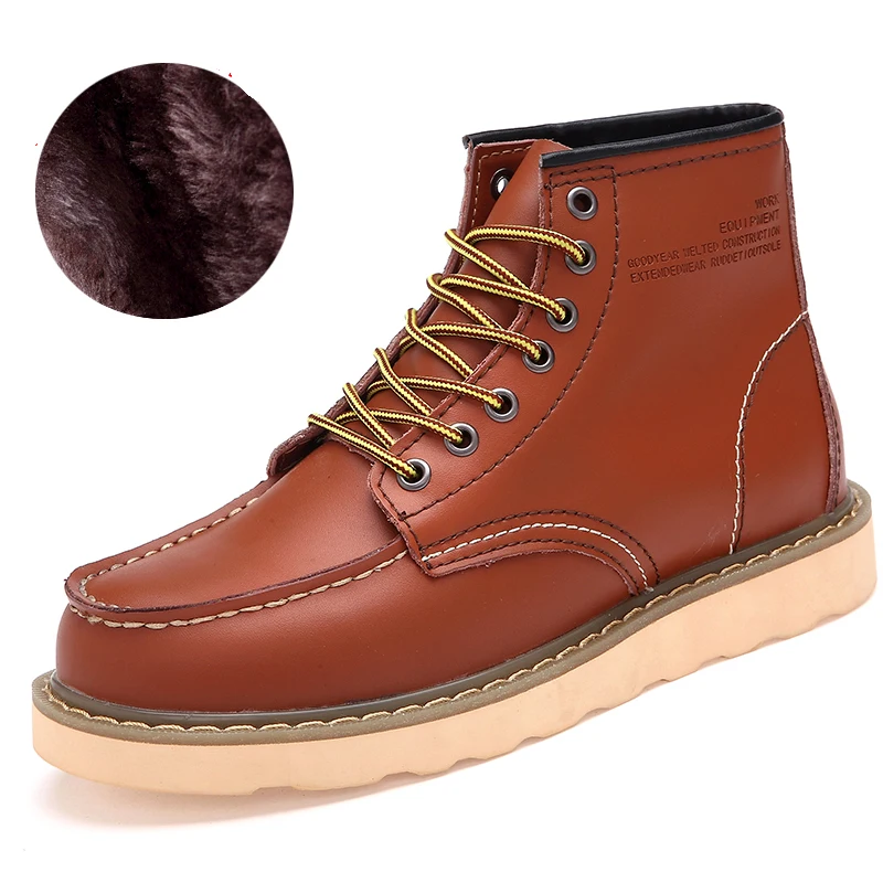 khaki Большие Size38-46, мужские зимние ботинки с высоким берцем, кожаные меховые, сохраняющие тепло, на плоской резиновой подошве, прочные, на шнуровке, водонепроницаемые, 3 цвета, Новинка - Цвет: khaki