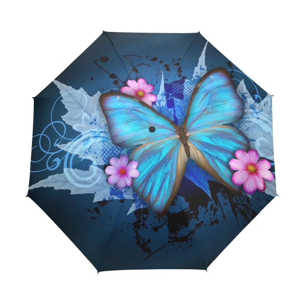 

NEW New Fashion Butterfly Over Flowers Print Women's Automatic Umbrella 3 Folding Rain Sun Protection Umbrella Male Portable